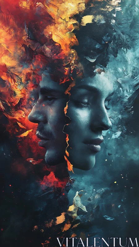Dual human visages in swirling elemental fire and ice.