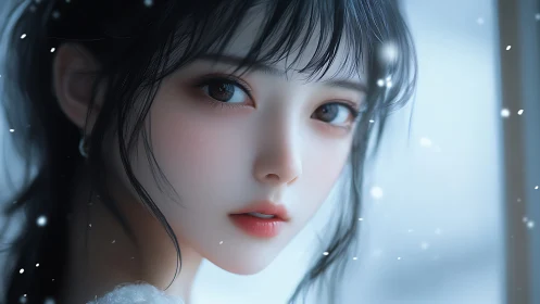 Close-up anime-style girl portrait in soft winter light.