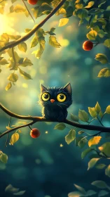 Small stylized bird-like creature sits on sunlit tree branch