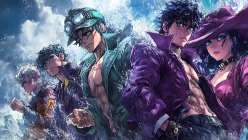 Stylized anime heroes emerge through crashing ocean spray.