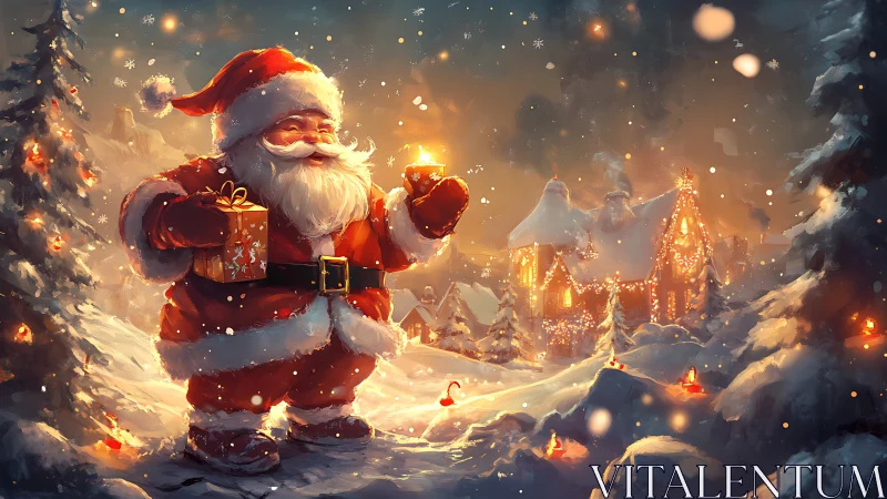 Santa Claus illuminated in a snowy village at golden hour