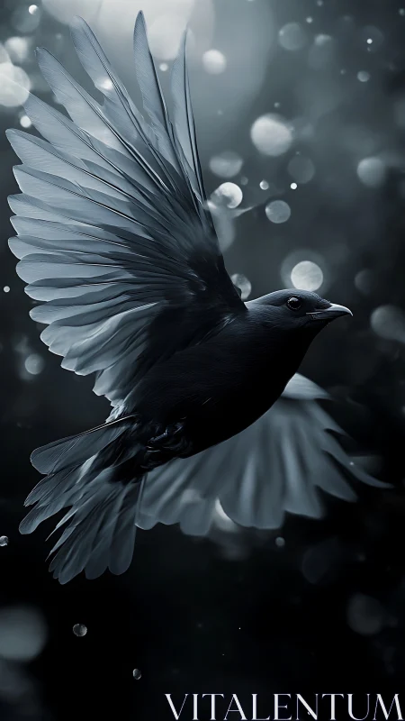 High-contrast monochrome corvid in mid-flight with bokeh field