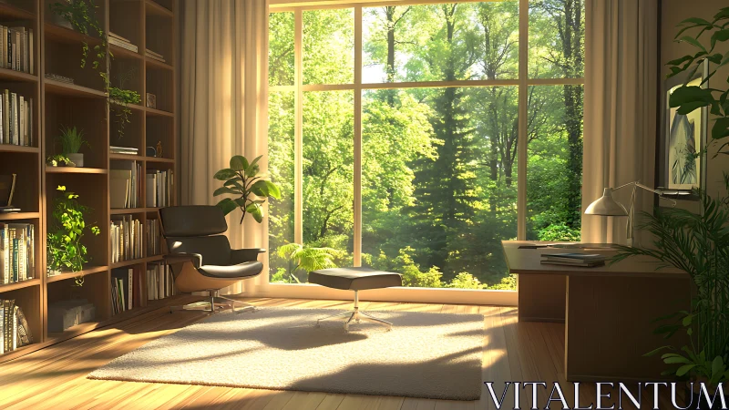 Modern reading room with forest view and warm daylight.