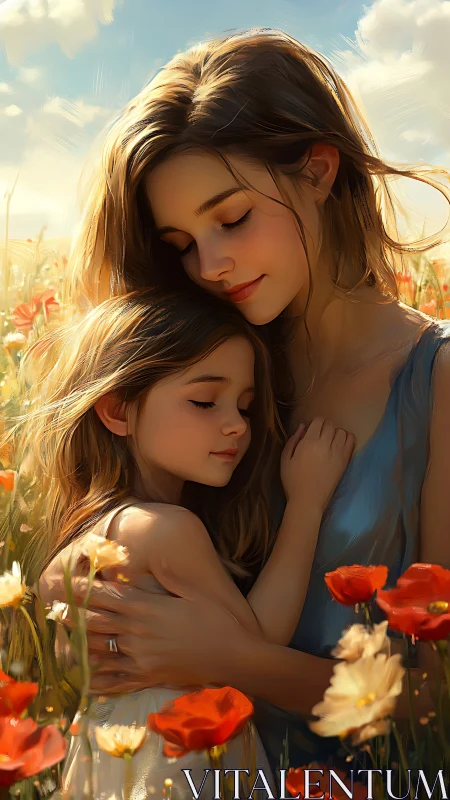Mother and daughter in golden poppy field at sunset.