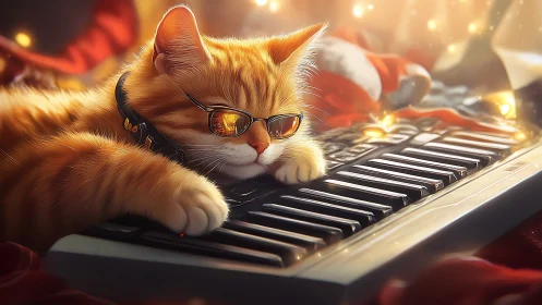 Orange tabby cat wearing sunglasses rests on electronic keyboard