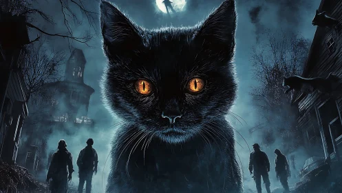 Large black cat with amber eyes positioned in urban nocturnal setting.