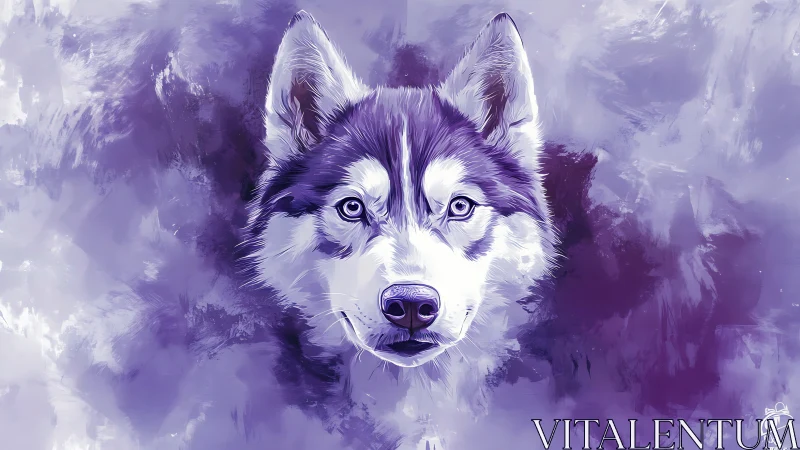 Husky dog portrait in violet digital paint on soft ground.
