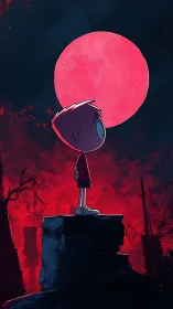 Cartoon boy silhouetted on cliff before oversized textured red moon