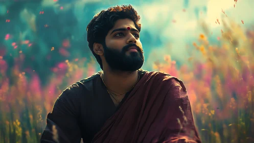 Bearded man in maroon shawl amid soft blurred meadow.