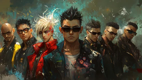 Neo street gang lineup stands against grunge painted backdrop
