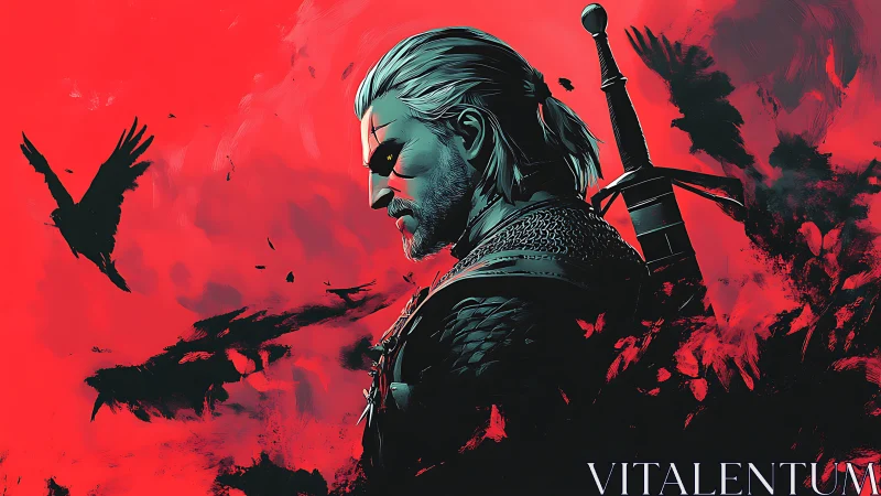 Brooding white-haired warrior stands amid crimson ravenscape