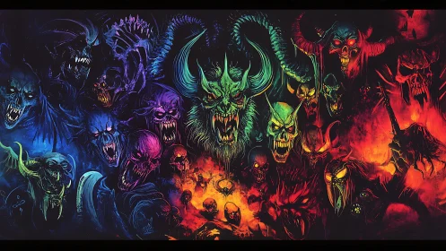 Legion of multicolored demons roars from burning darkness.
