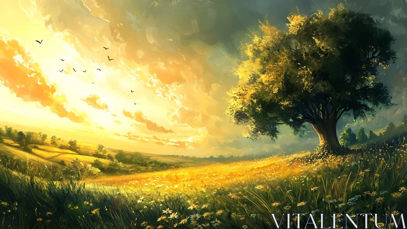 Sunlit meadow leans into a storm of molten painted sky