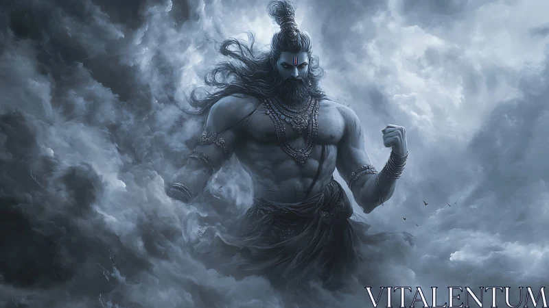 Storm-forged sky titan strides through swirling divine clouds.