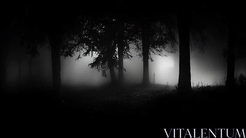 Whispering silhouettes drift through a midnight fogbound forest.