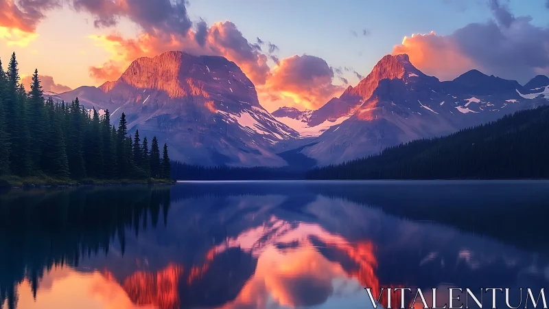 Mountain lake landscape with conifer forest reflection.