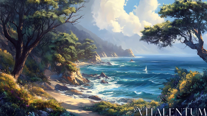 Sunlit rocky coastline frames turquoise waves and distant sailboat