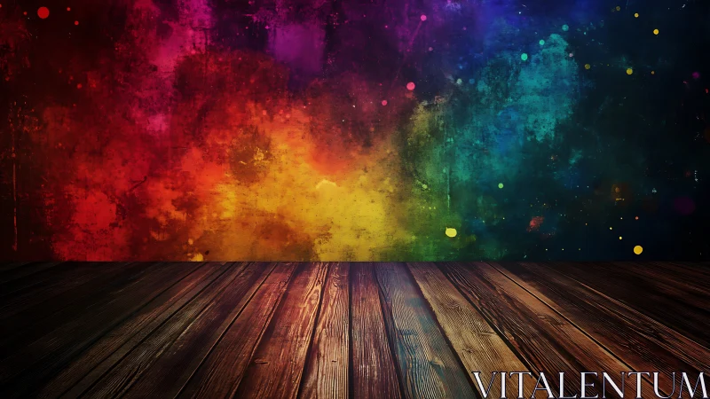 Wooden floor meets vivid multicolor painted abstract wall