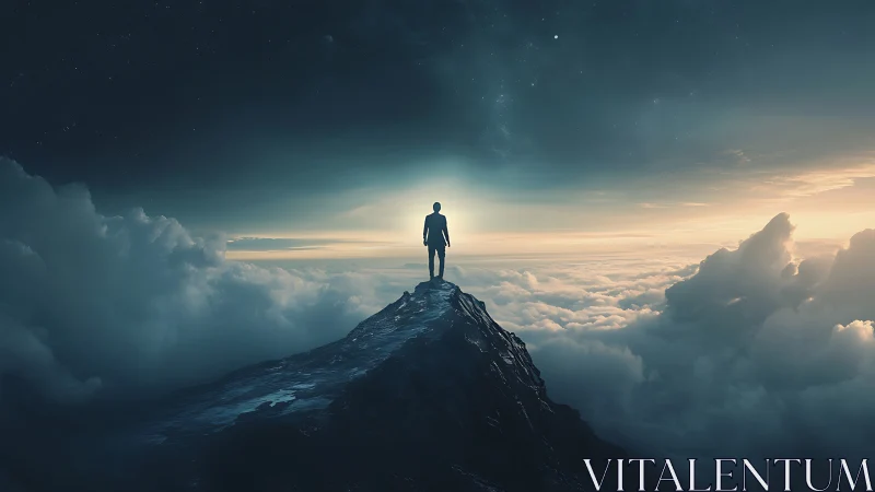 Solitary figure on high mountain ridge above dense clouds.