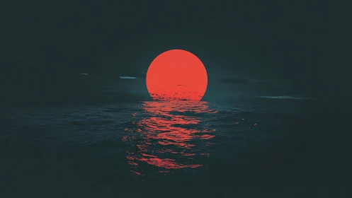 Crimson sun sinks over dark ocean, casting neon reflections.