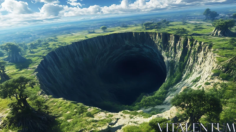 Vast tectonic sinkhole within verdant plateau landscape.