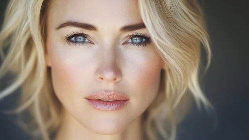 Close-up portrait of blonde woman with blue eyes and focus.
