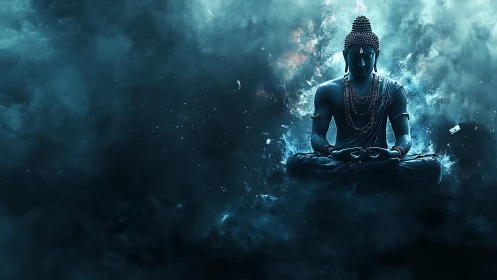 Starlit Buddha drifts in midnight nebula, breathing quiet light