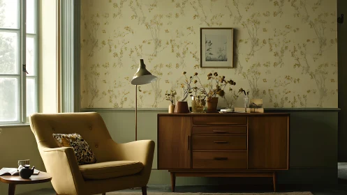 Cozy mid century living room with soft golden afternoon light.