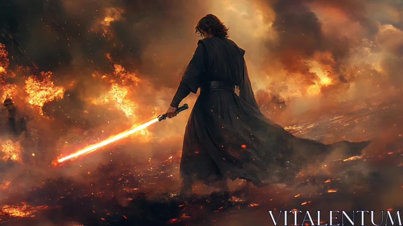 Dark warrior with fiery sword on burning battlefield.