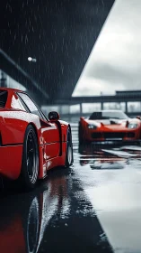 Red sports cars under heavy rain on reflective pit lane surface