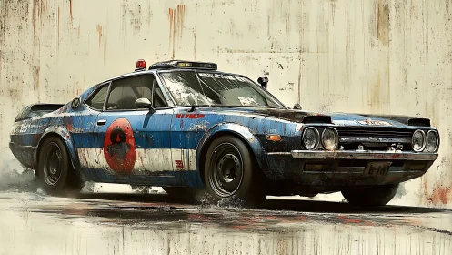 Heavily weathered retro police racer drifts against stained wall backdrop