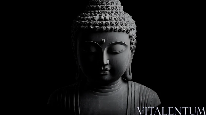 Monochrome Buddha head sculpture in frontal low-key lighting.