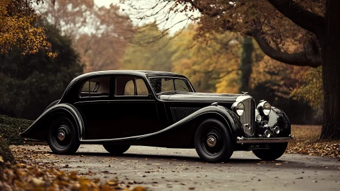 Vintage black luxury sedan glides through autumn park.