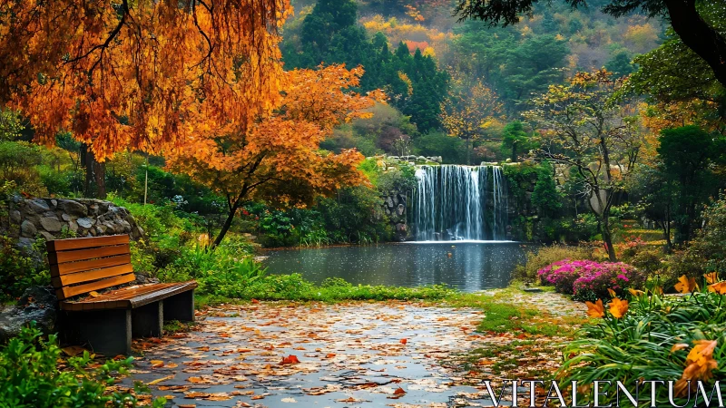 Park bench faces small waterfall across reflective autumn pond