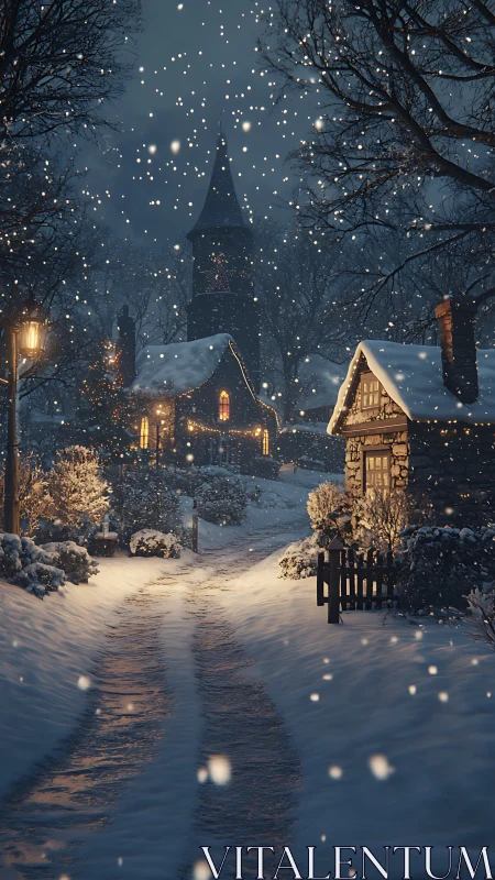 Snowy village lane glows with warm cottage lights at dusk.