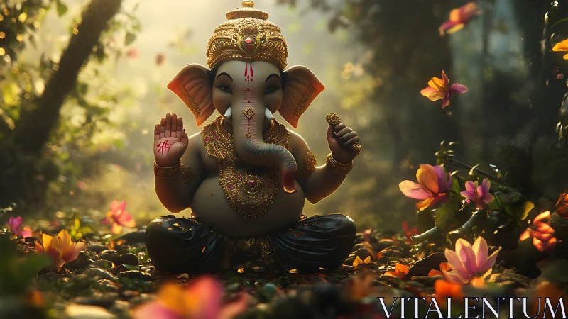 3D devotional Ganesh sculpture in luminous forest setting.