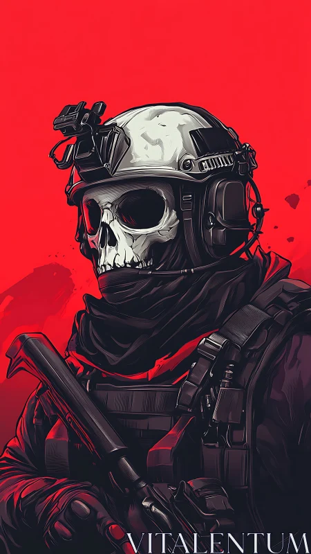 Shadowy skull soldier stands ready against bold red backdrop