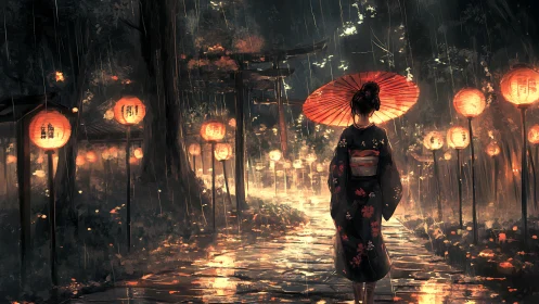 Kimono-clad figure walks lantern-lit shrine path in rain