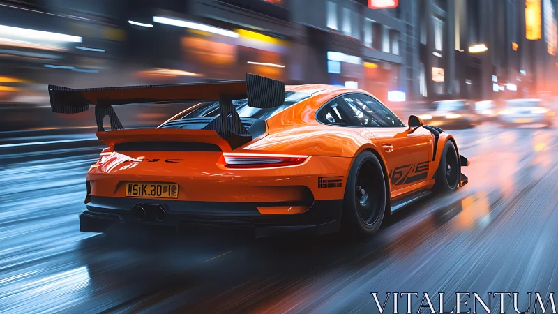 Orange sports car races through neon city streets at night
