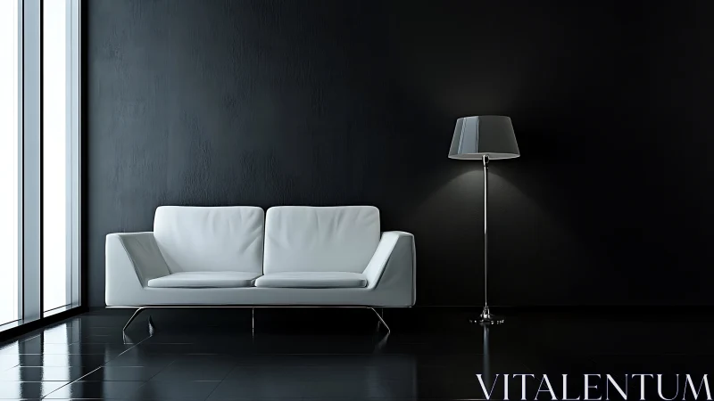 Minimalist black interior shows white sofa and floor lamp