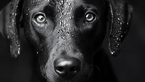 Wet black dog portrait in dramatic high contrast lighting.