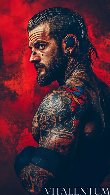 High-contrast portrait of tattooed fighter under saturated red backlight