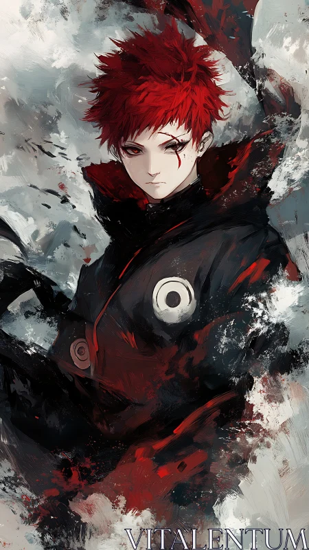 Red haired anime warrior in black cloak with abstract swirls