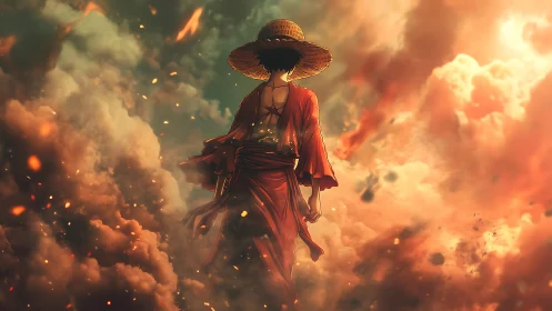 Anime wanderer in ember storm, cinematic backlit composition.