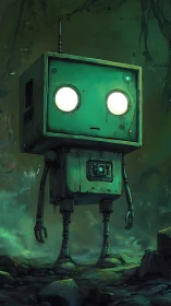 Box-headed robot standing in misty green wasteland.