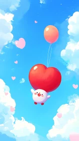 Whimsical character ascending with oversized heart balloons through cloud-filled sky.
