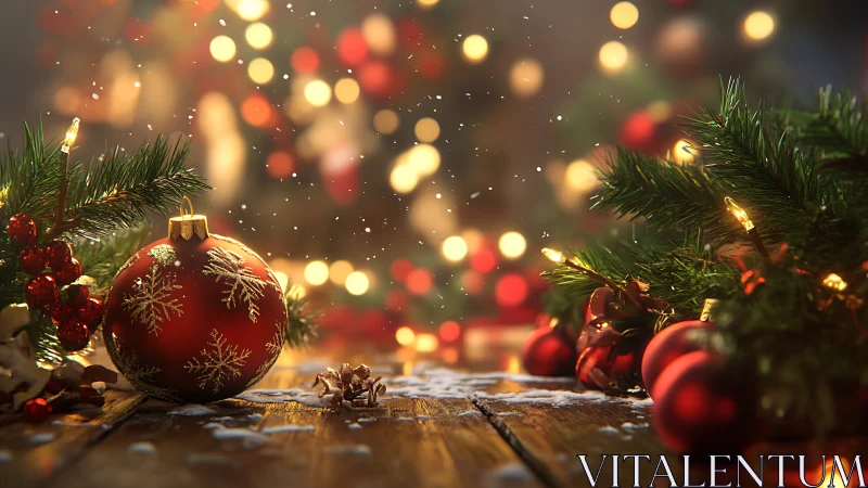 Red ornament and evergreen branches on wooden surface.