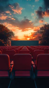 Sunset outdoor cinema seats glow under vivid sky.