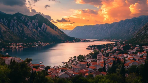 Coastal bay town under dramatic sunset sky and mountains