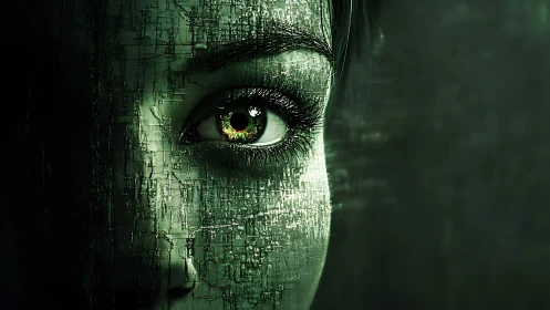 Cyborg portrait with glowing eye and fragmented digital skin.